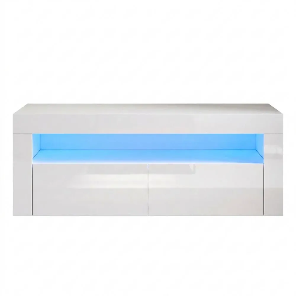 Mueble de TV Blanco Brillante con Luces LED, Mesa de Salón con Puertas Abatibles 120 cm