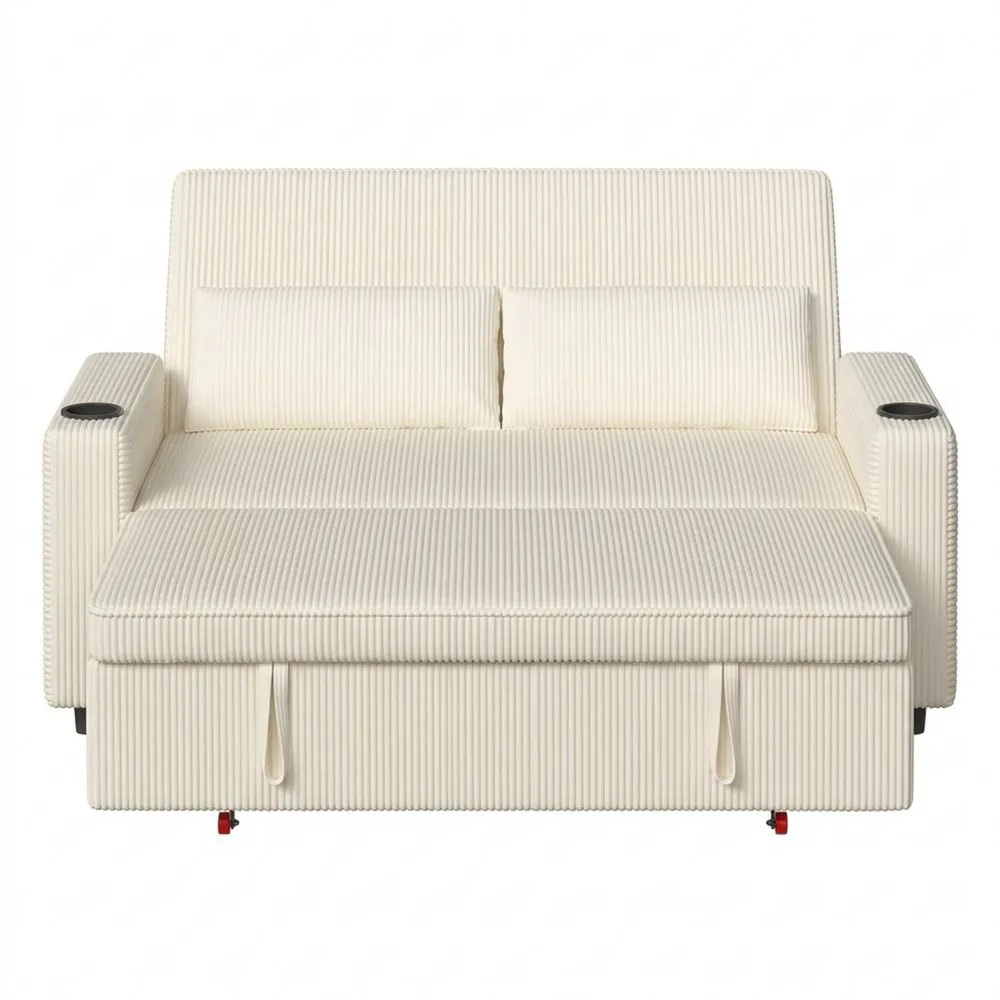 Sofá Cama Convertible 2 Plazas con Respaldo Ajustable en Tela Beige