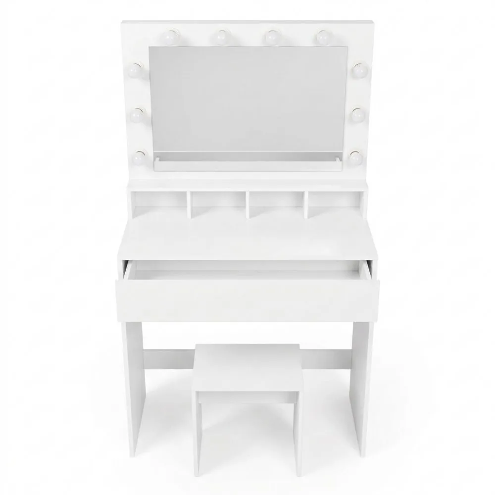 Tocador con Espejo y Luces LED, 4 Compartimentos Abiertos, 1 Cajón y Taburete