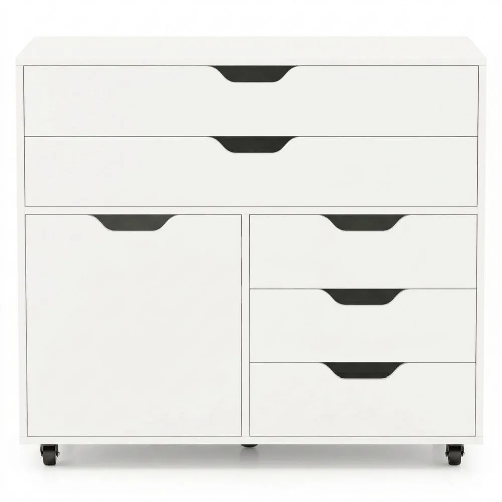 Cajonera con Ruedas y Almacenamiento de 5 Cajones y 1 Puerta para Oficina, Dormitorio o Salón, Blanca