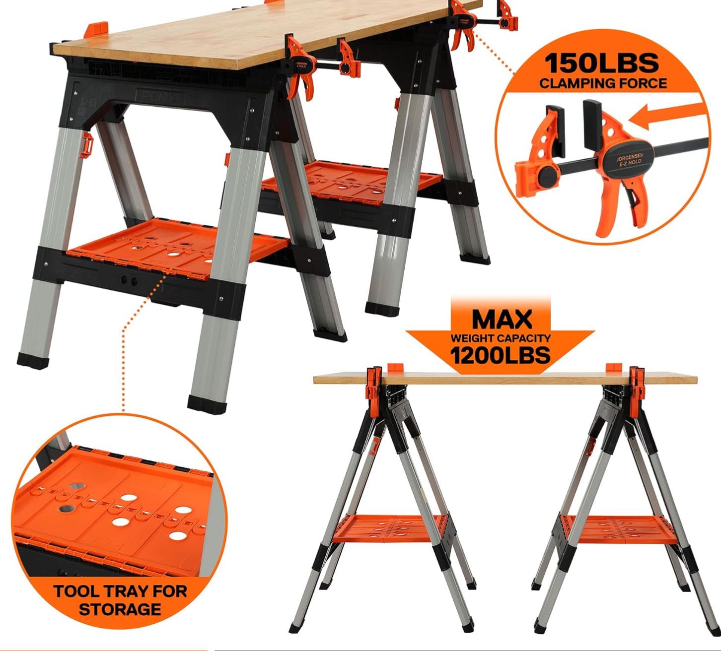 2-Pack Clamping Sawhorses, 1200 LBS Load Capacity, 30-3/4" Folding Sawhorse with 12” F Clamps, Bench Dogs, Angle Clamps, 2" Spring Clamps, Steel Legs, Heavy Duty for Woodworking