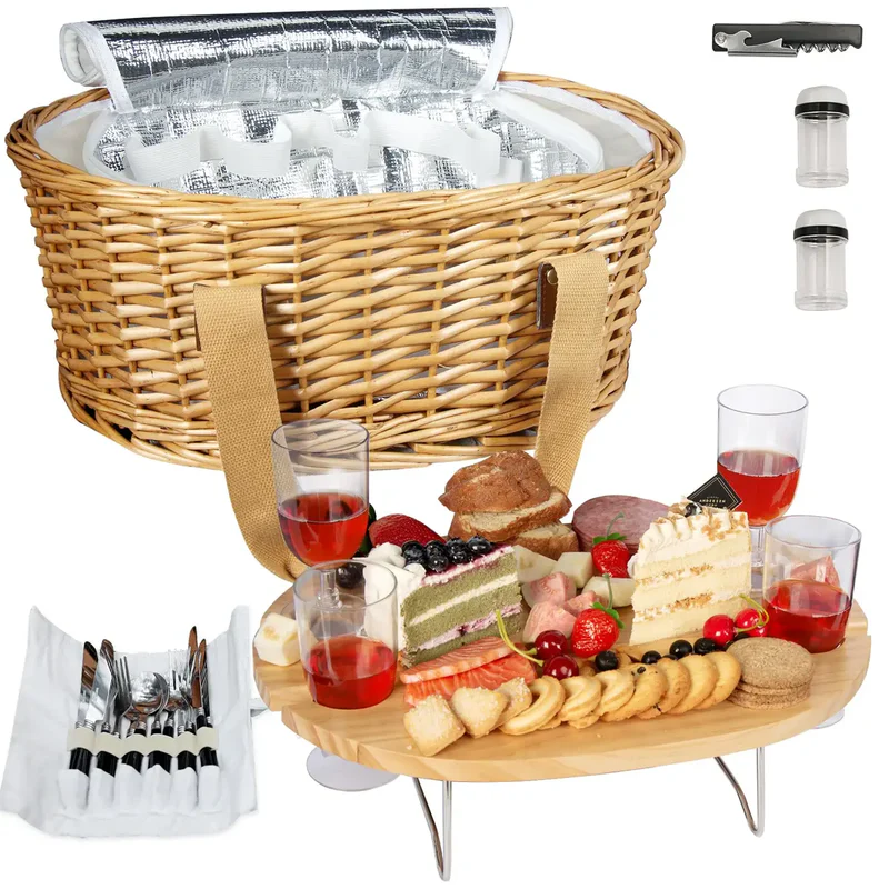 Insulated Wicker Picnic Basket with Table and Utensil Set for Two