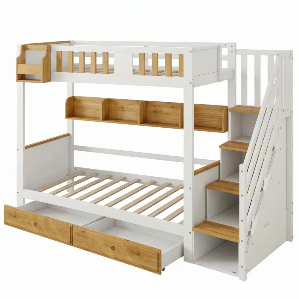 Cama de Litera con Cajones y Pizarra, Barrera Anticaída, Madera de Pino