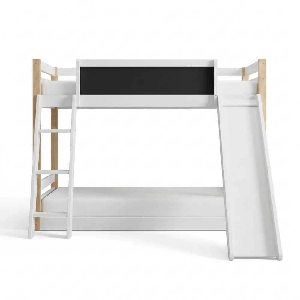 Cama litera infantil con tobogán y escaleras para 2 niños, blanco y natural