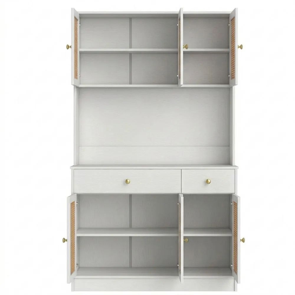 Aparador Alto con Estación de Carga y Almacenamiento, Gabinete con 2 Cajones y 4 Puertas, Estantes Ajustables para Comedor 100 x 40 x 180 cm (Blanco)