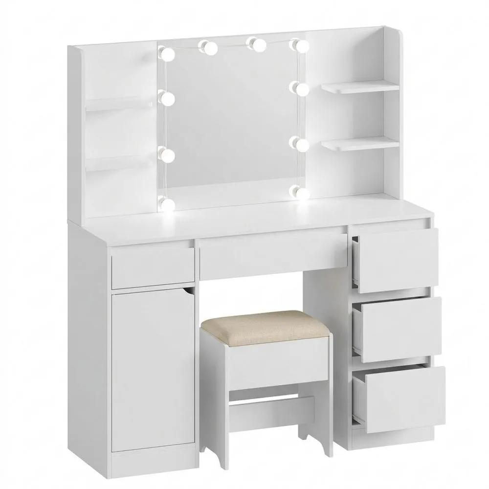 Tocador moderno con luces LED regulables, espejo iluminado, 5 cajones y estantes