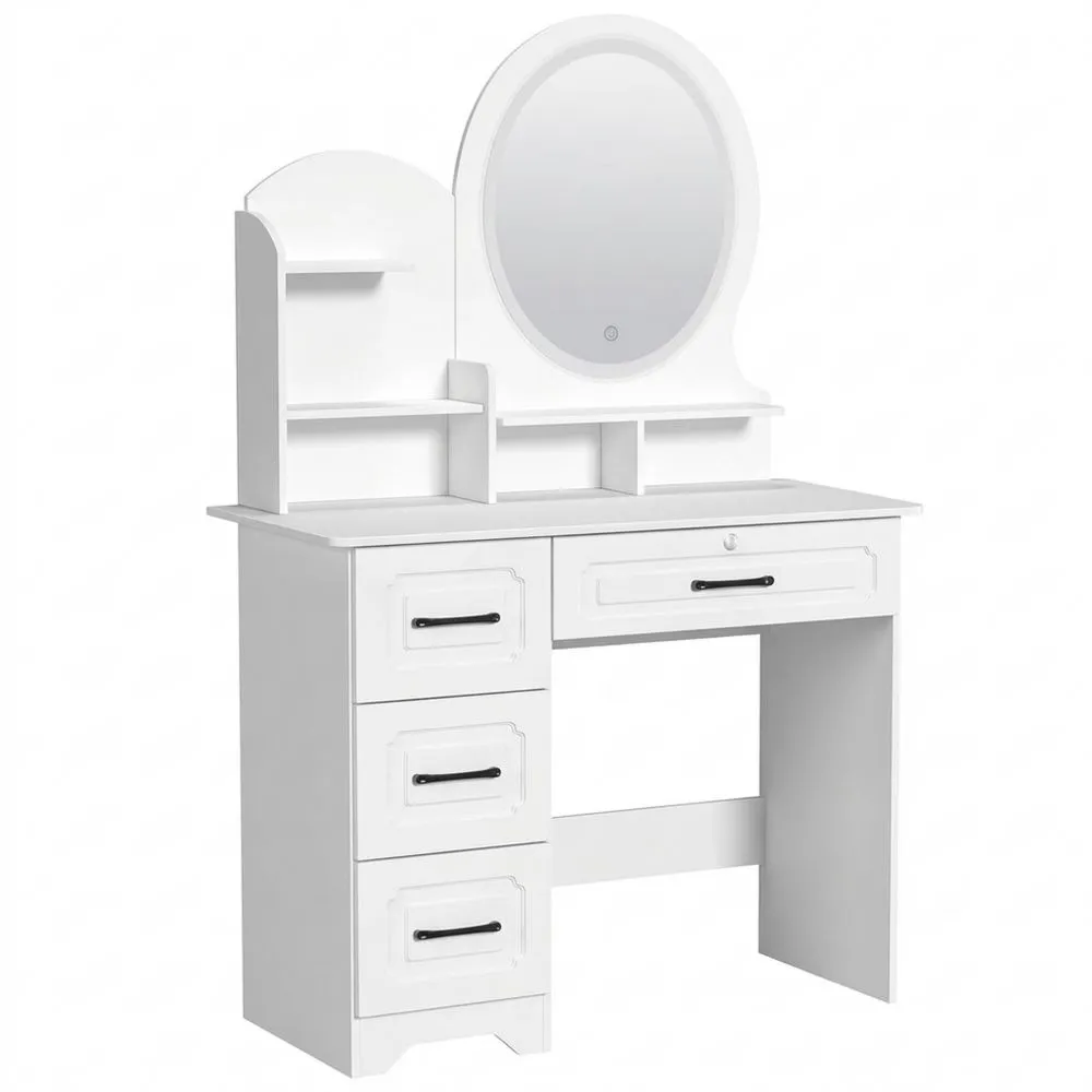 Tocador con Espejo e Iluminación, Estilo Europeo con Estantes de Almacenamiento, 3 Modos de Iluminación Ajustables, 4 Cajones, Conjunto para Dormitorio