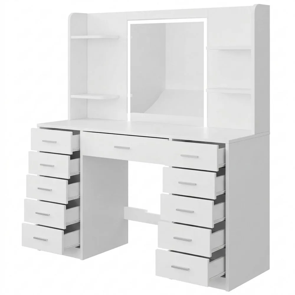 Tocador de Maquillaje con Luces LED Regulables y Enchufes, Mesa con Espejo, 11 Cajones, 4 Estantes Abiertos y 5 Ganchos para Joyas, Blanco