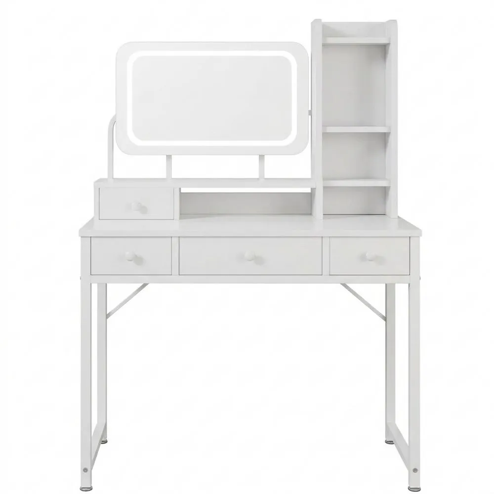 Tocador con Espejo LED Ajustable, Escritorio de Maquillaje con 4 Cajones de Tela y Conexión USB