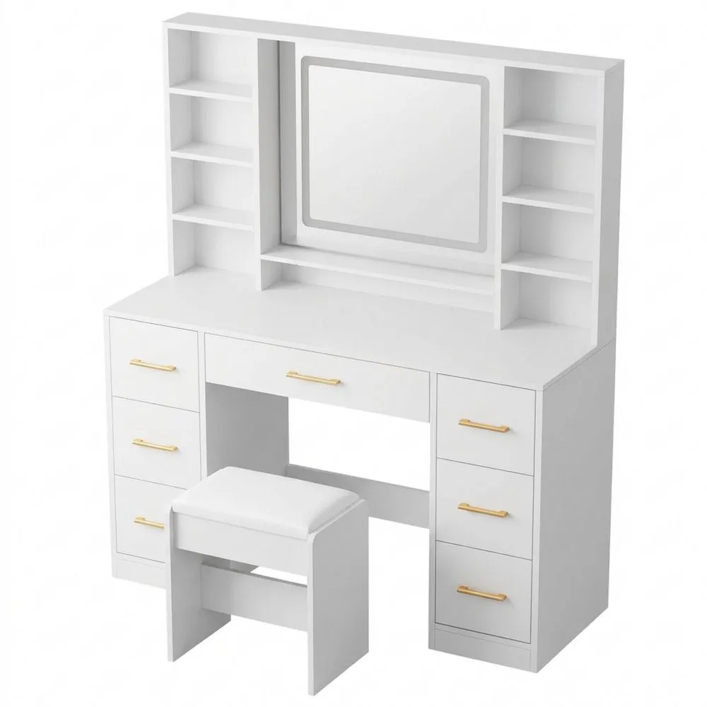 Tocador Grande con Espejo e Iluminación LED Ajustable, Moderno Blanco