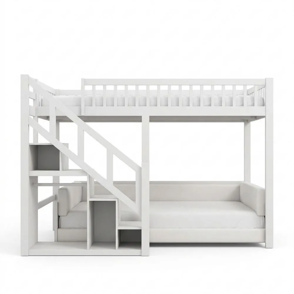 Cama Alta 140 x 200 cm con Escalera y Espacio de Almacenamiento para Niños, Cama Juvenil con Estante y Armario, Estructura Funcional de Madera