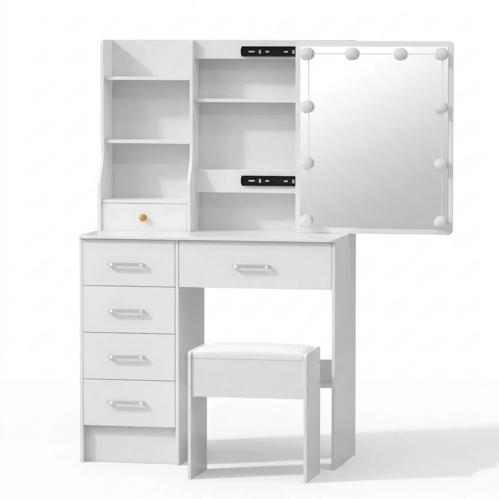 Tocador de Maquillaje con Espejo Deslizante y Luz Regulable, Mesa Amplia con Taburete, 6 Cajones y 6 Estantes, Blanco