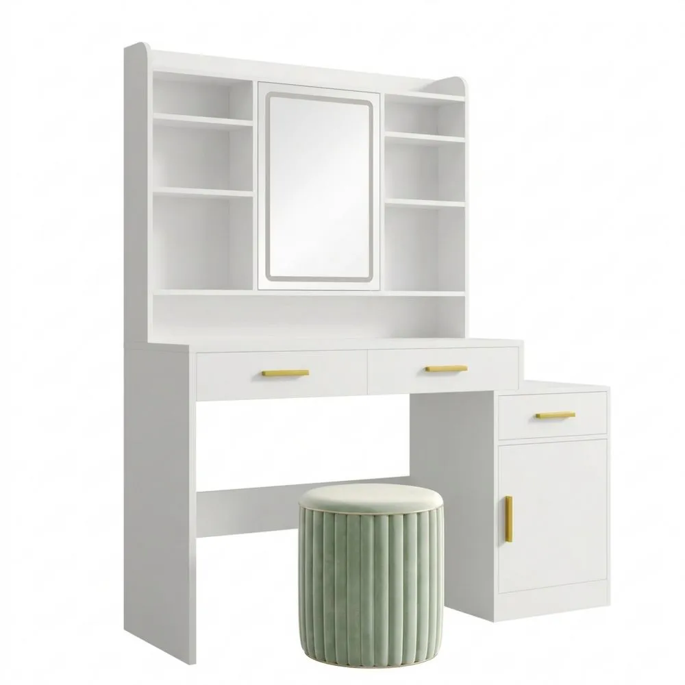 Tocador de Maquillaje con Espejo y Luz LED Ajustable, Blancos, Estantes y Cajones Múltiples