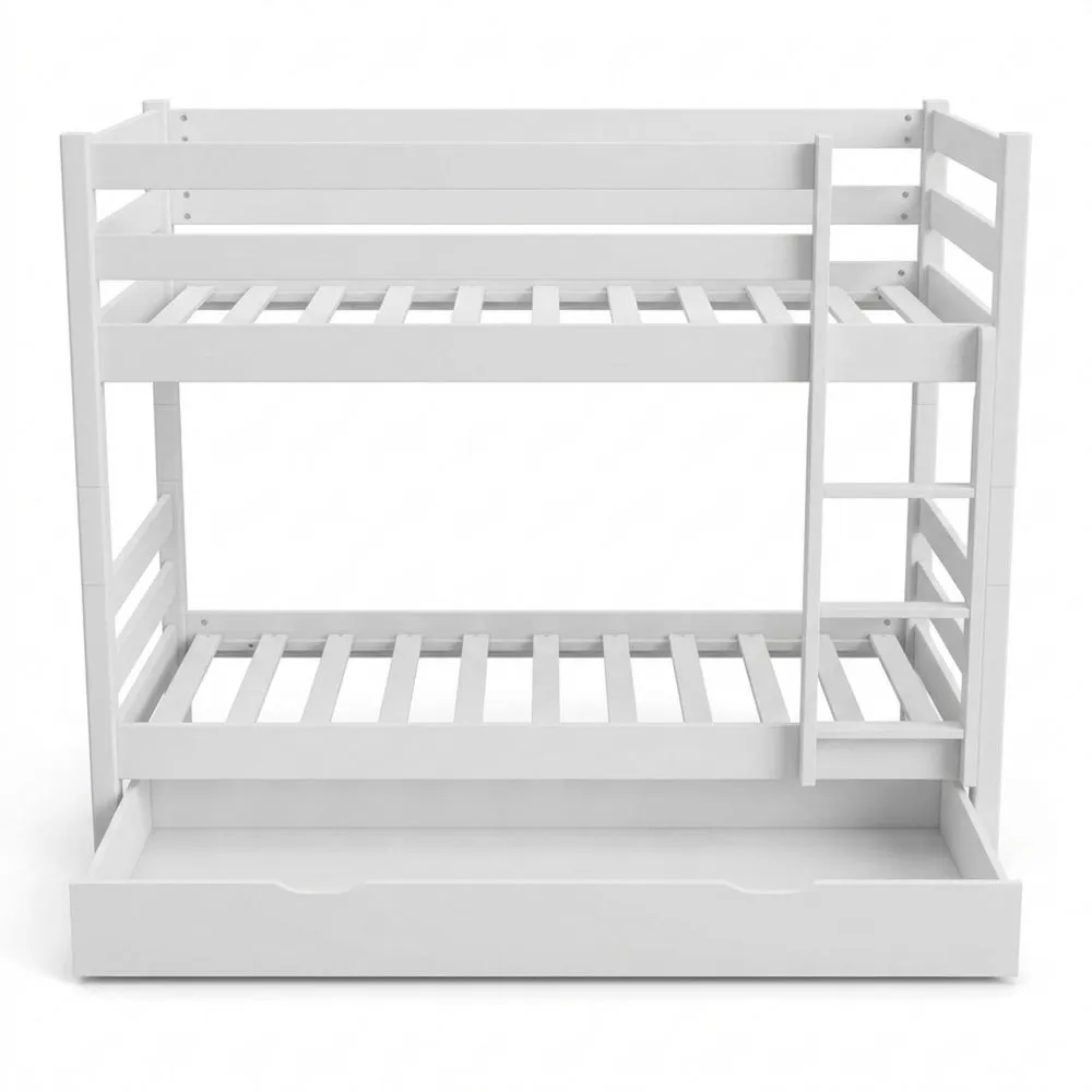 Litera de Madera Maciza con Cajón, 90 x 190 cm, Convertible en Dos Camas Individuales, Incluye Bases, Hecho a Mano, Blanca