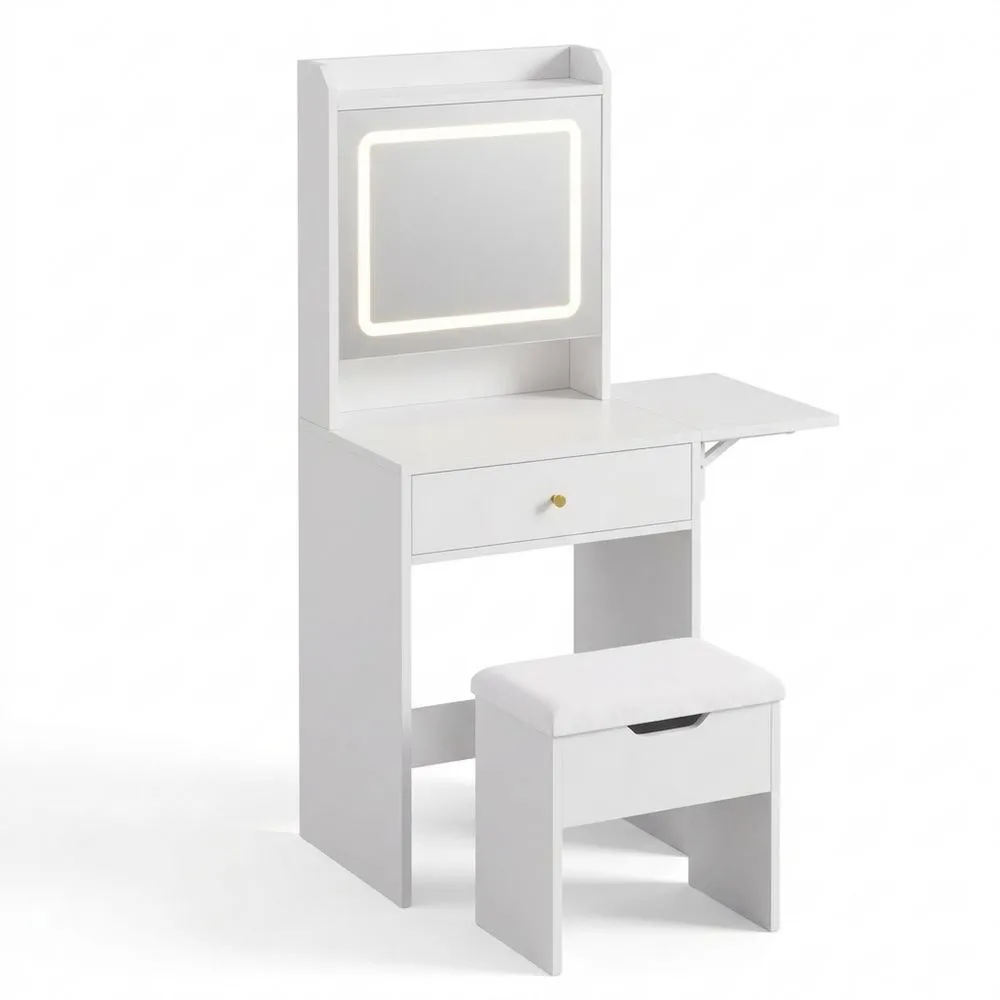 Tocador con Iluminación, 3 Colores, Brillo Ajustable, Tocador Pequeño con Taburete, Espejo y Estantes Ajustables, Blanco