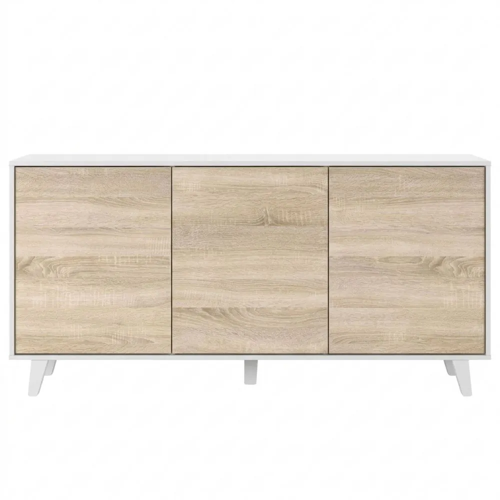 Aparador Moderno de 3 Puertas para Salón o Comedor, Blanco Brillante y Roble