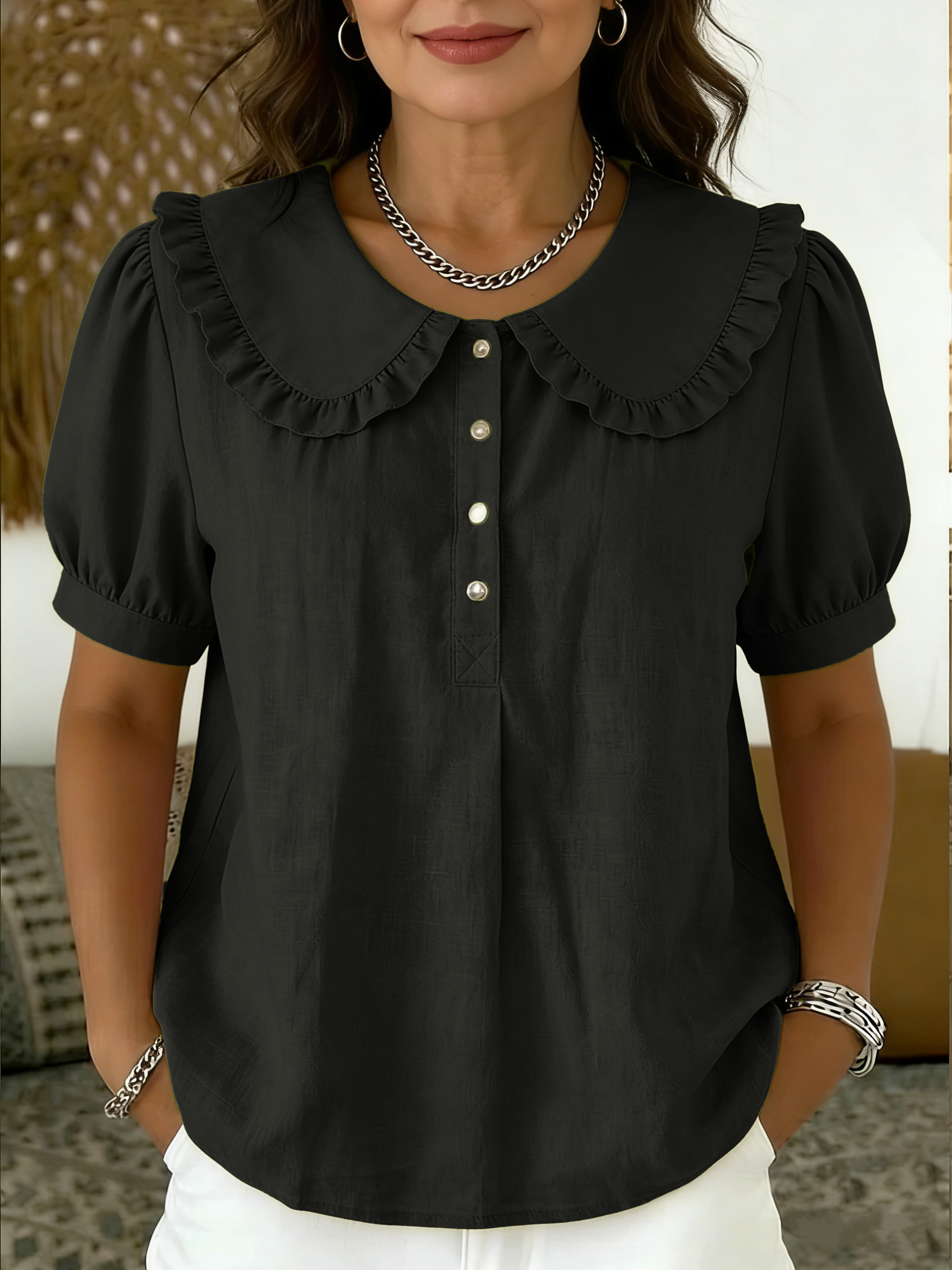 NEW🔥 Casual Peter Pan collar cotton-linen blend polo shirt