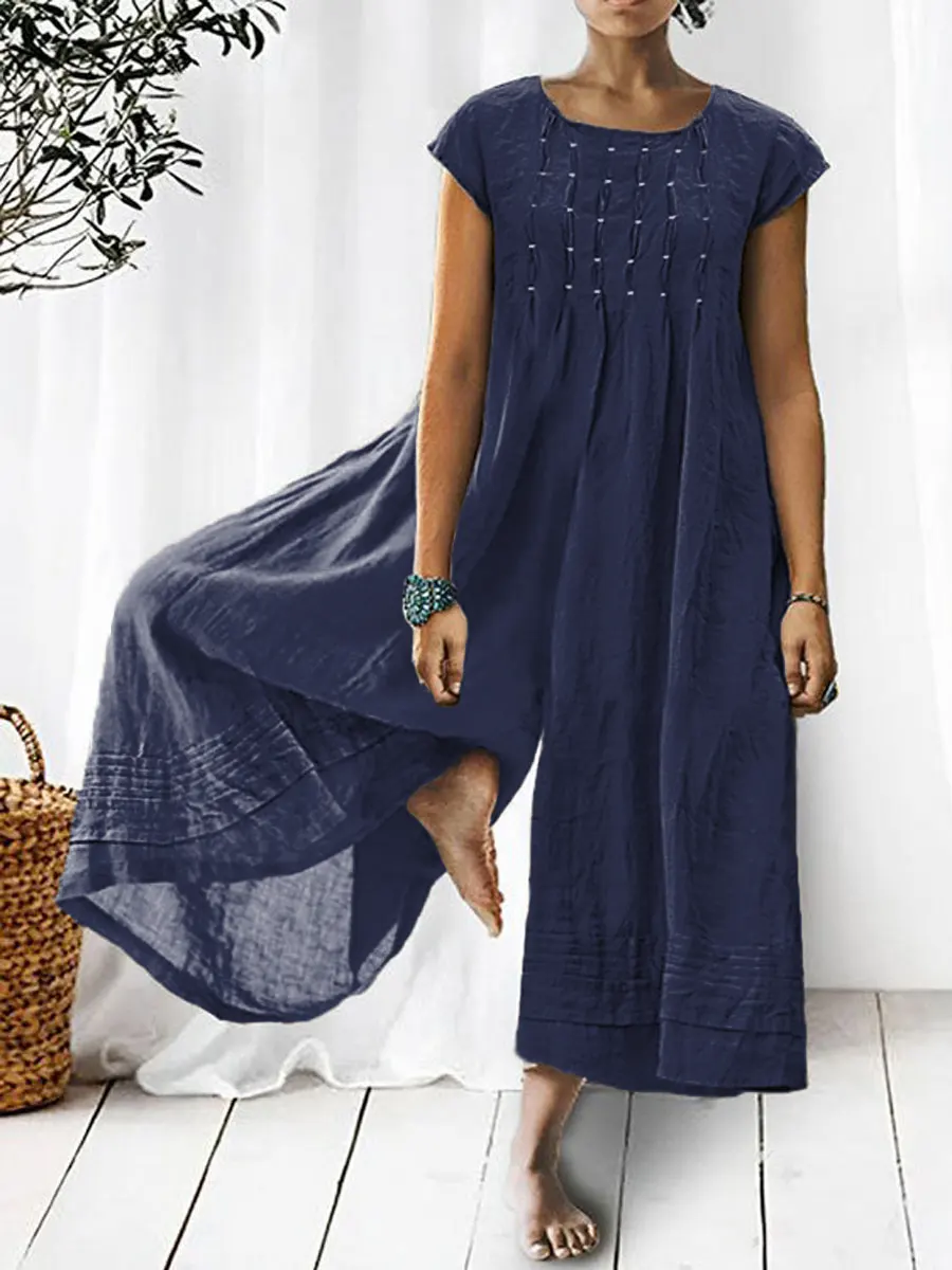💝💝Women's Solid Color Art Casual Short Sleeve Cotton Linen Jumpsuit