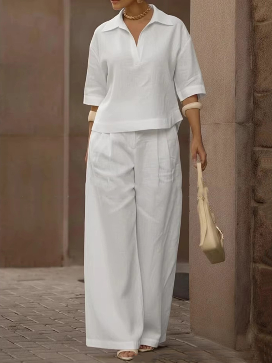 🎁New Arrivals🔥Solid Color Cotton And Linen Half Sleeves Lapel Blouses High Waisted Pants Two Pieces Set