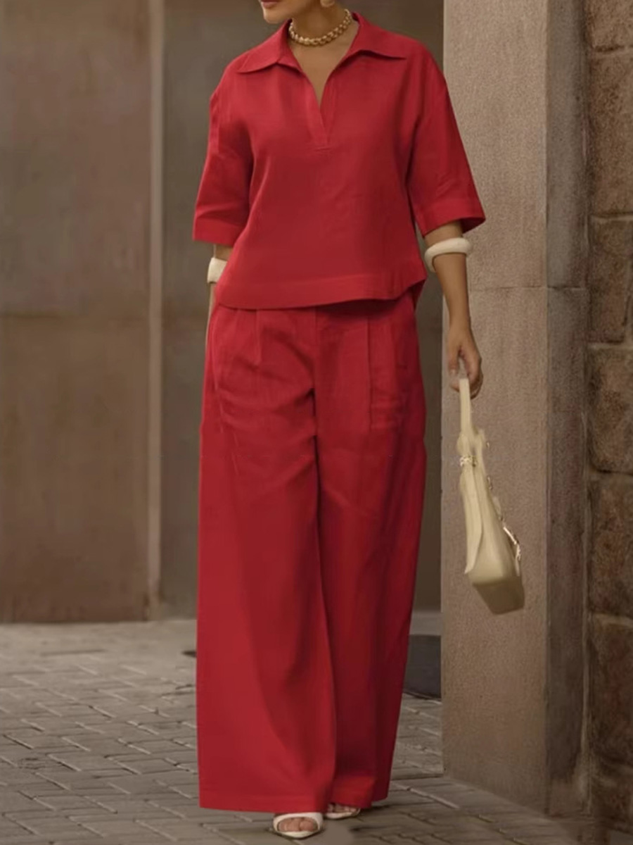 🎁New Arrivals🔥Solid Color Cotton And Linen Half Sleeves Lapel Blouses High Waisted Pants Two Pieces Set