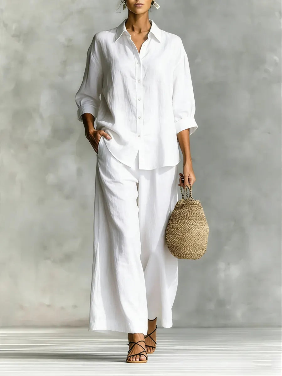 Women's Simple Cotton And Linen Shirt Set