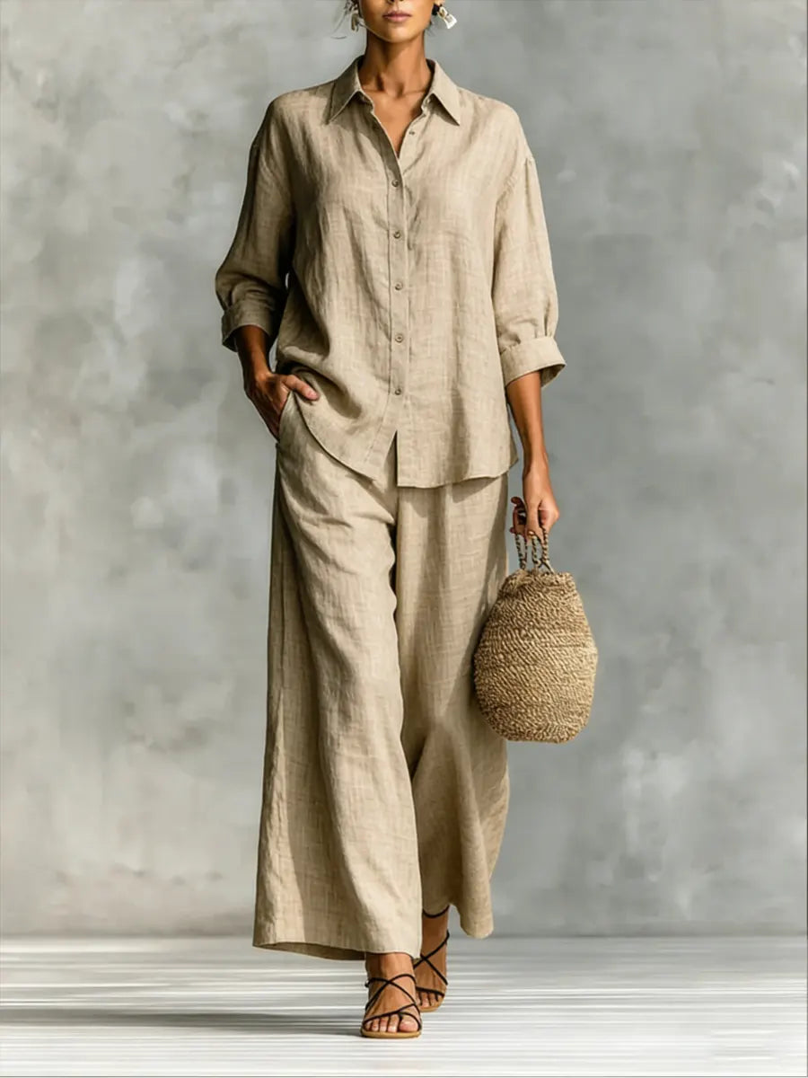 Women's Simple Cotton And Linen Shirt Set