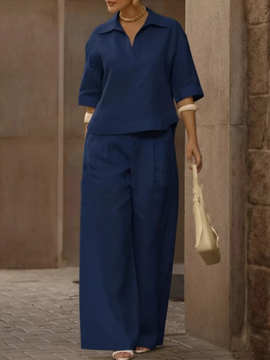 🎁New Arrivals🔥Solid Color Cotton And Linen Half Sleeves Lapel Blouses High Waisted Pants Two Pieces Set