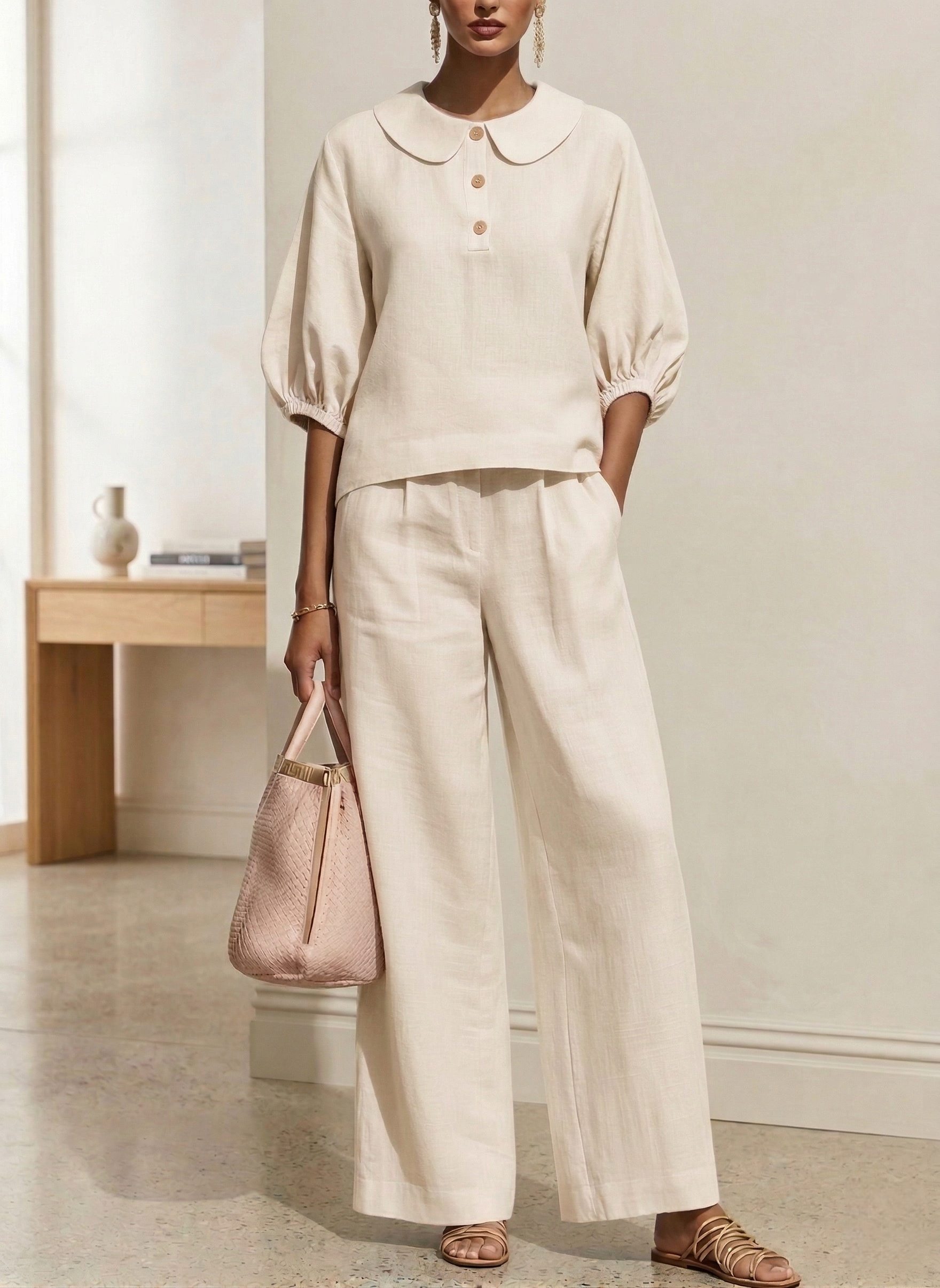 New Arrivals🔥Women's Elegant Cotton Linen Peter Pan Collar Two-Piece Set