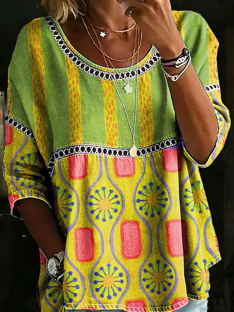 New Arrivals🔥 Women's Vintage Abstract Casual Loose Denim Blouse Shirt