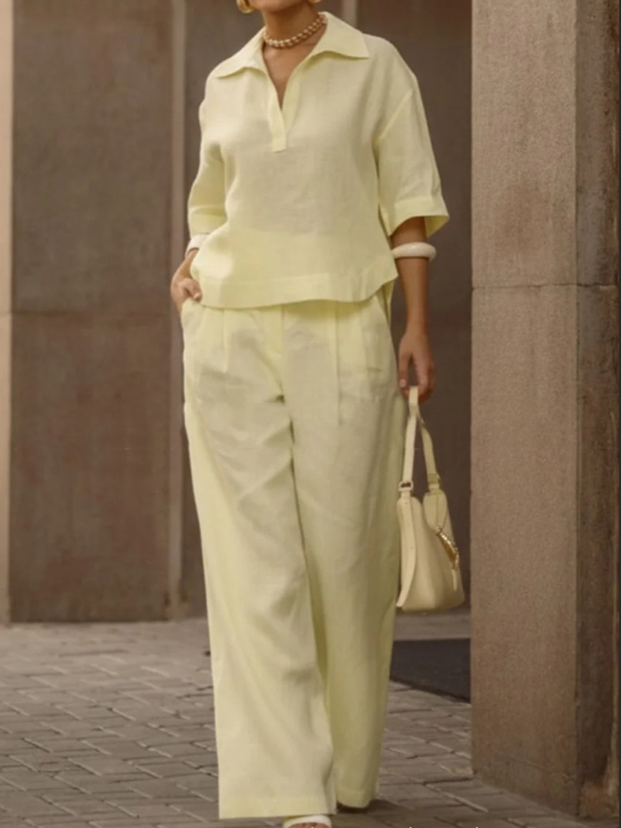 🎁New Arrivals🔥Solid Color Cotton And Linen Half Sleeves Lapel Blouses High Waisted Pants Two Pieces Set