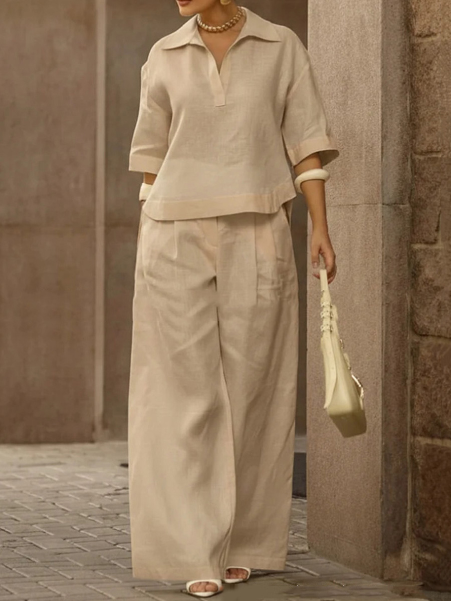 🎁New Arrivals🔥Solid Color Cotton And Linen Half Sleeves Lapel Blouses High Waisted Pants Two Pieces Set