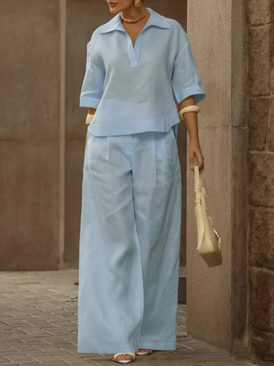 🎁New Arrivals🔥Solid Color Cotton And Linen Half Sleeves Lapel Blouses High Waisted Pants Two Pieces Set