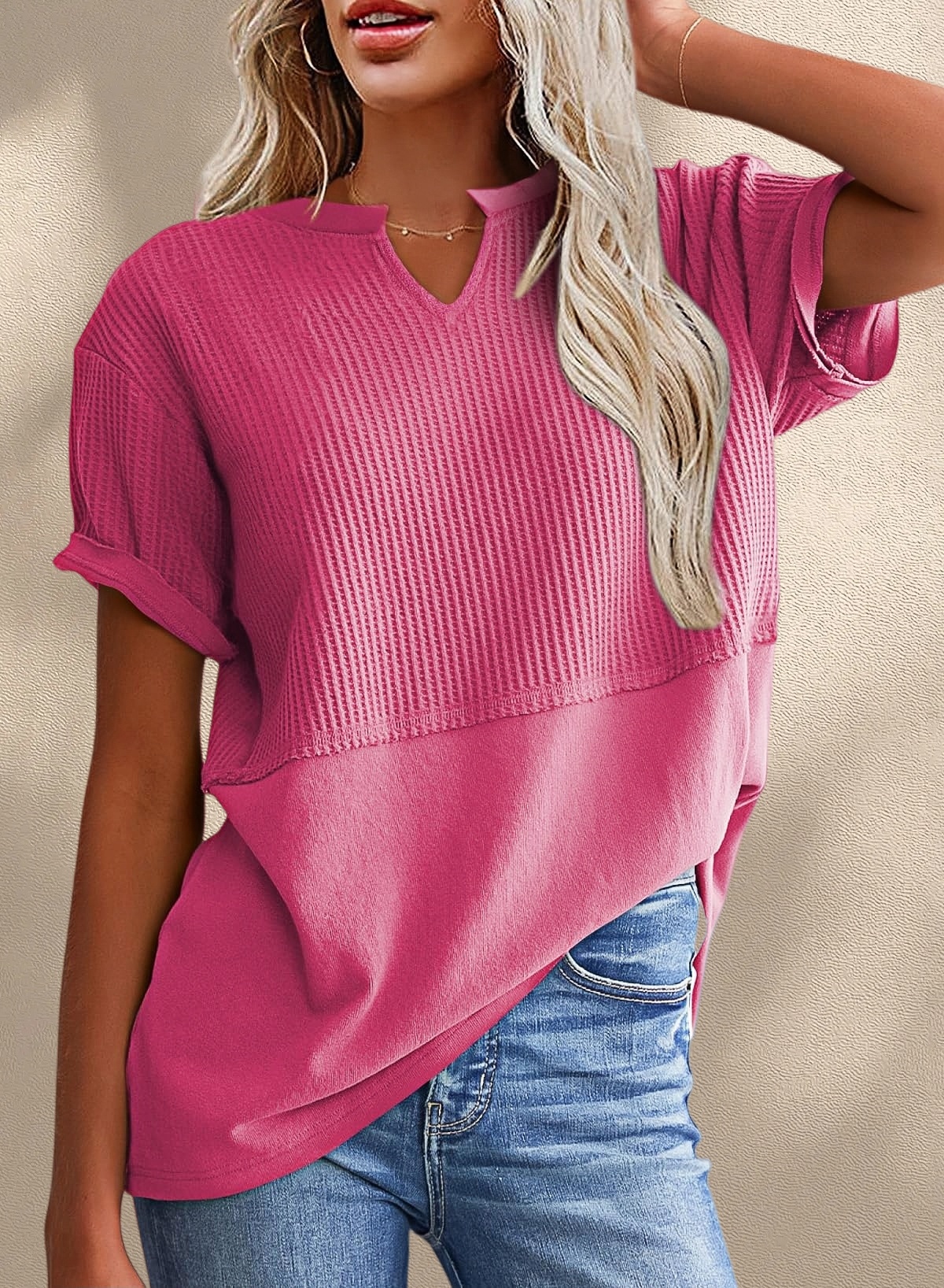 [Copy]New Arrivals🔥Women's V-neck Short-Sleeve Casual Loose Waffle Knit Top