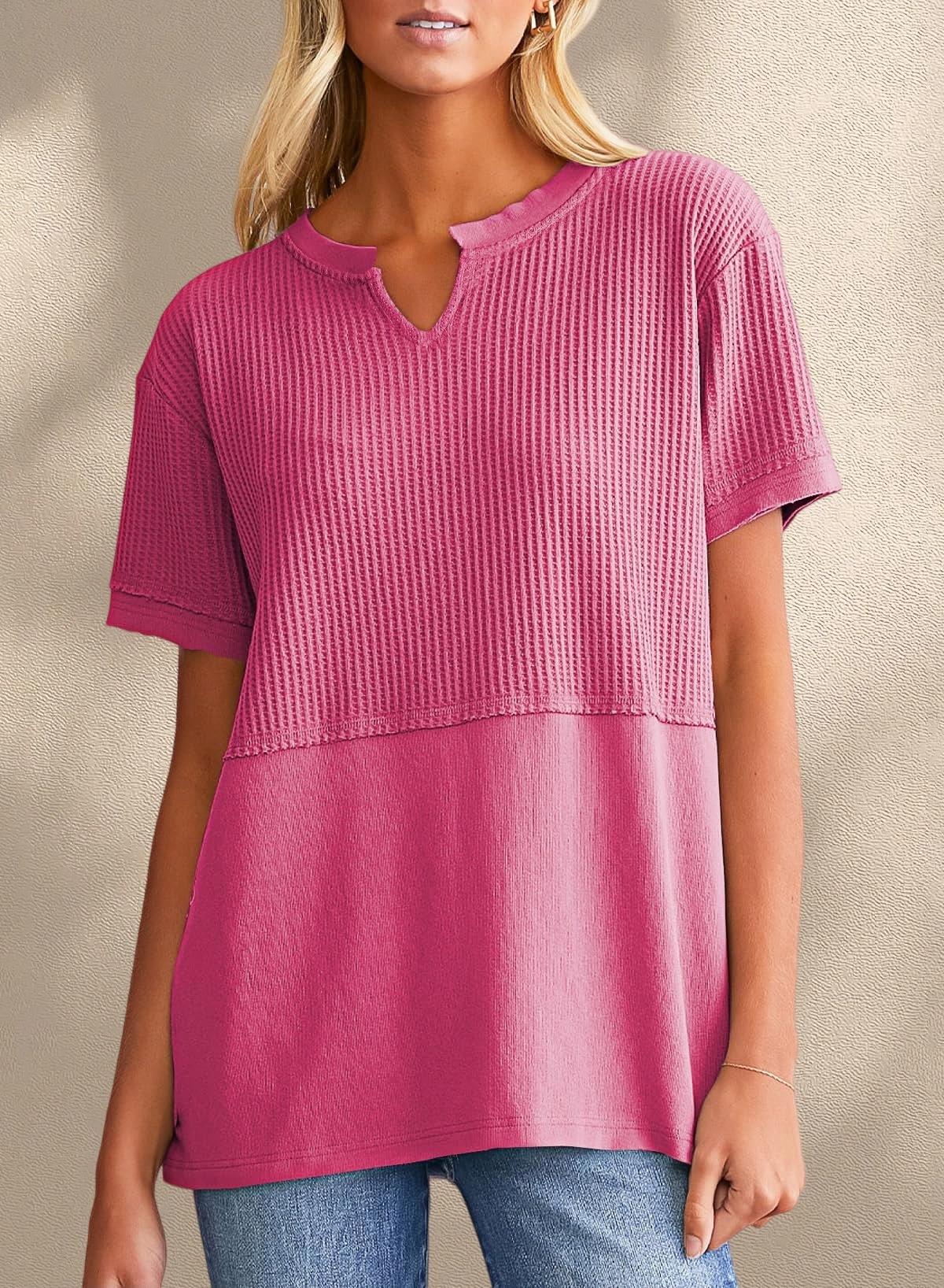 [Copy]New Arrivals🔥Women's V-neck Short-Sleeve Casual Loose Waffle Knit Top