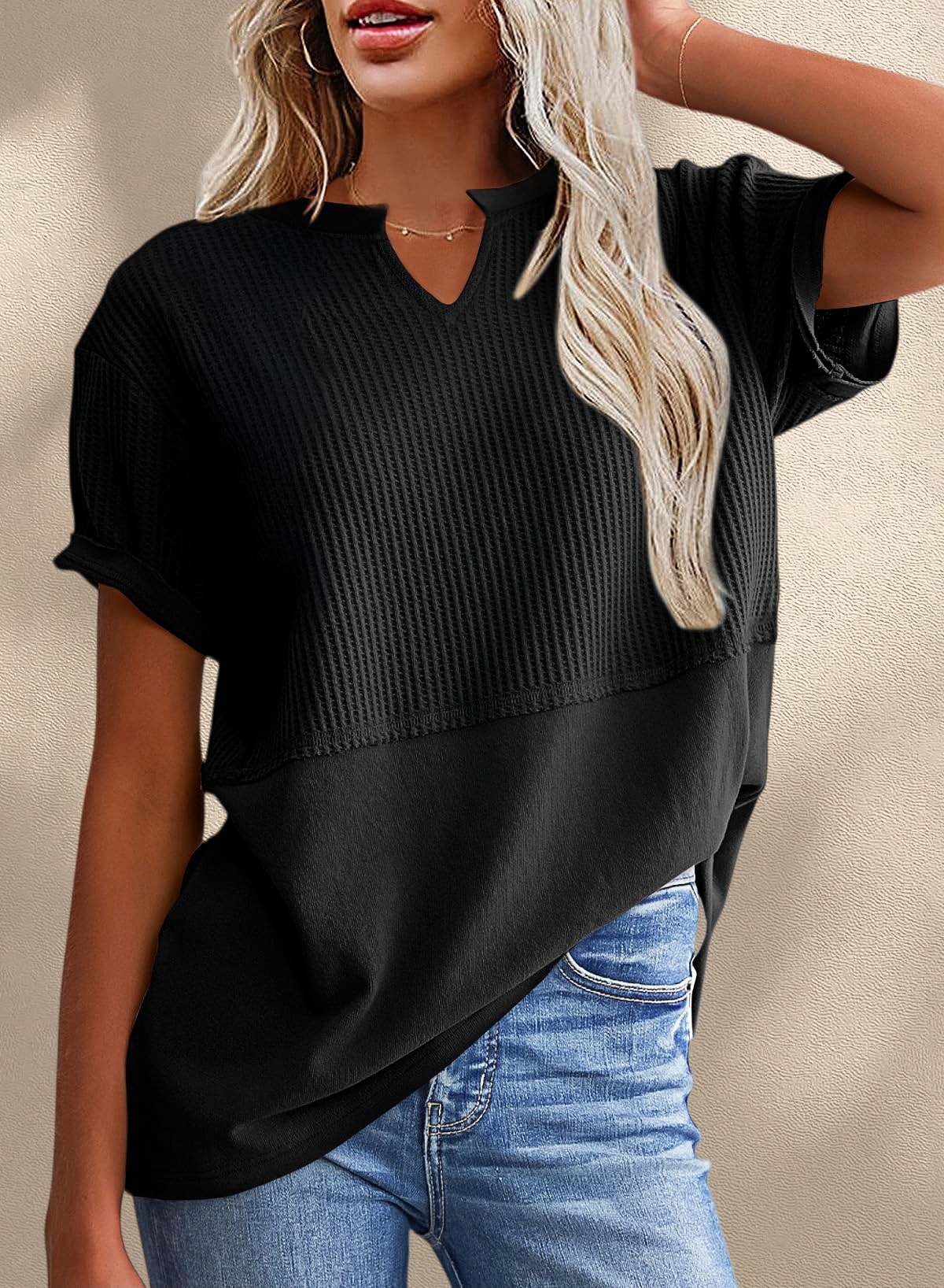 [Copy]New Arrivals🔥Women's V-neck Short-Sleeve Casual Loose Waffle Knit Top