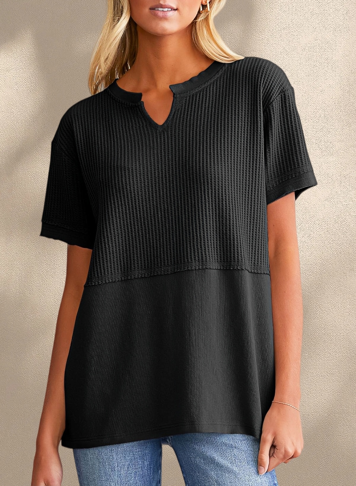 [Copy]New Arrivals🔥Women's V-neck Short-Sleeve Casual Loose Waffle Knit Top