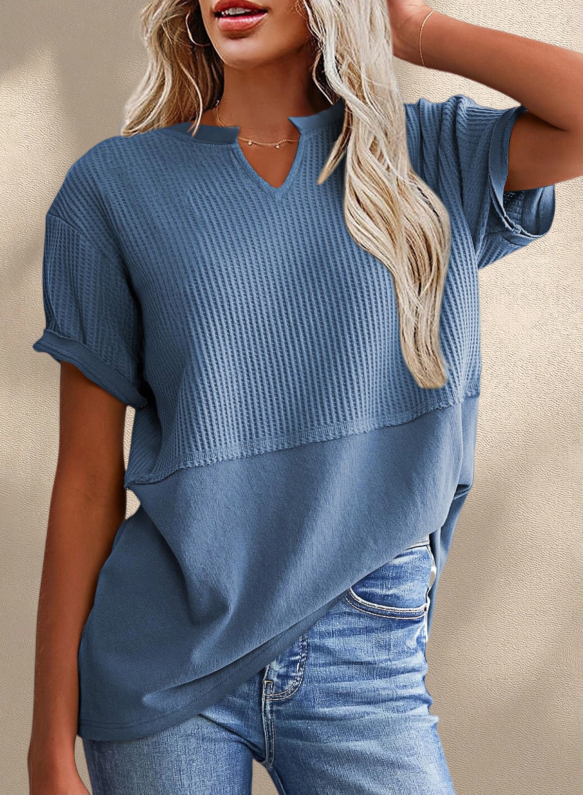 [Copy]New Arrivals🔥Women's V-neck Short-Sleeve Casual Loose Waffle Knit Top