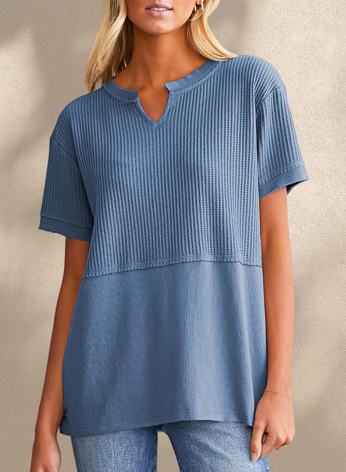 [Copy]New Arrivals🔥Women's V-neck Short-Sleeve Casual Loose Waffle Knit Top