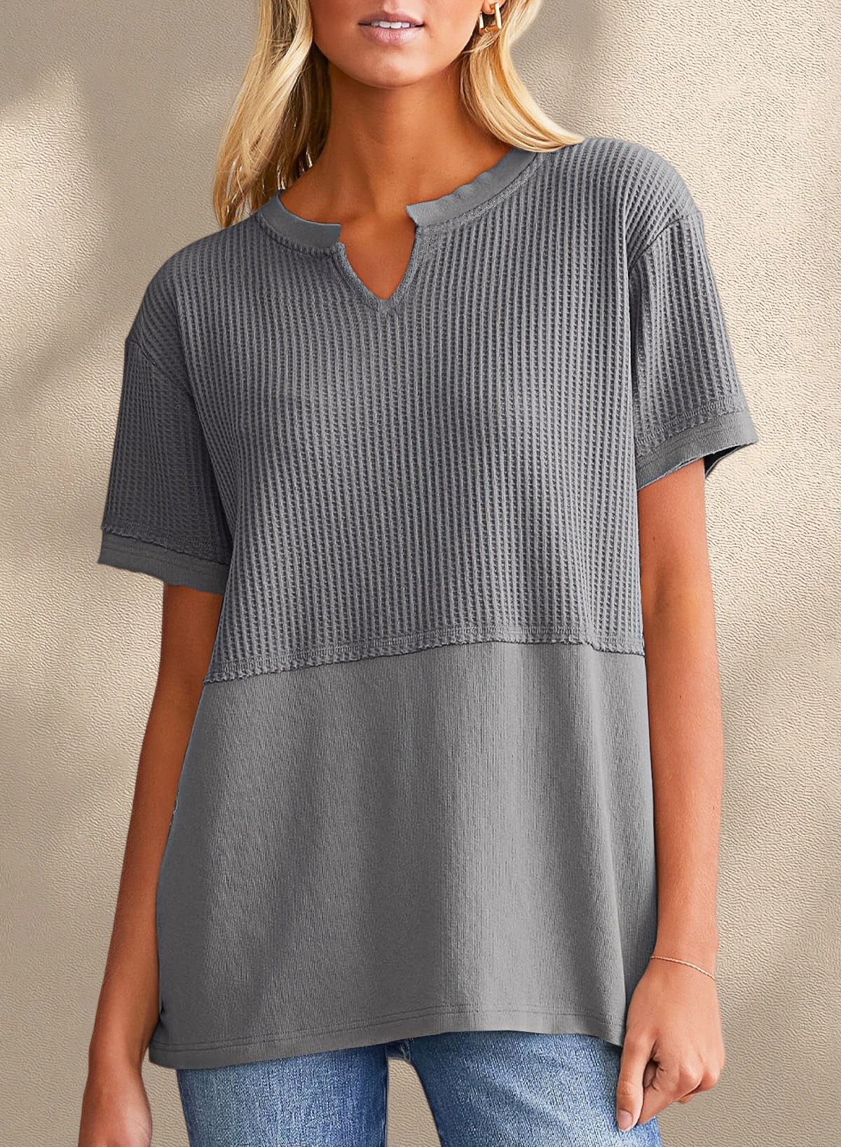 [Copy]New Arrivals🔥Women's V-neck Short-Sleeve Casual Loose Waffle Knit Top