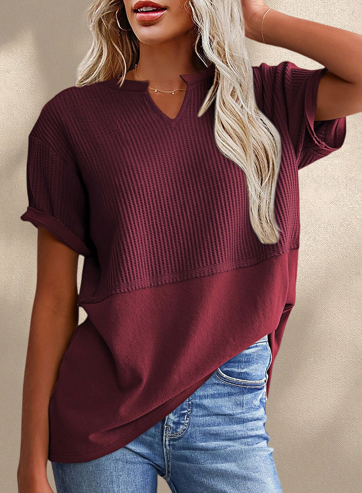 [Copy]New Arrivals🔥Women's V-neck Short-Sleeve Casual Loose Waffle Knit Top