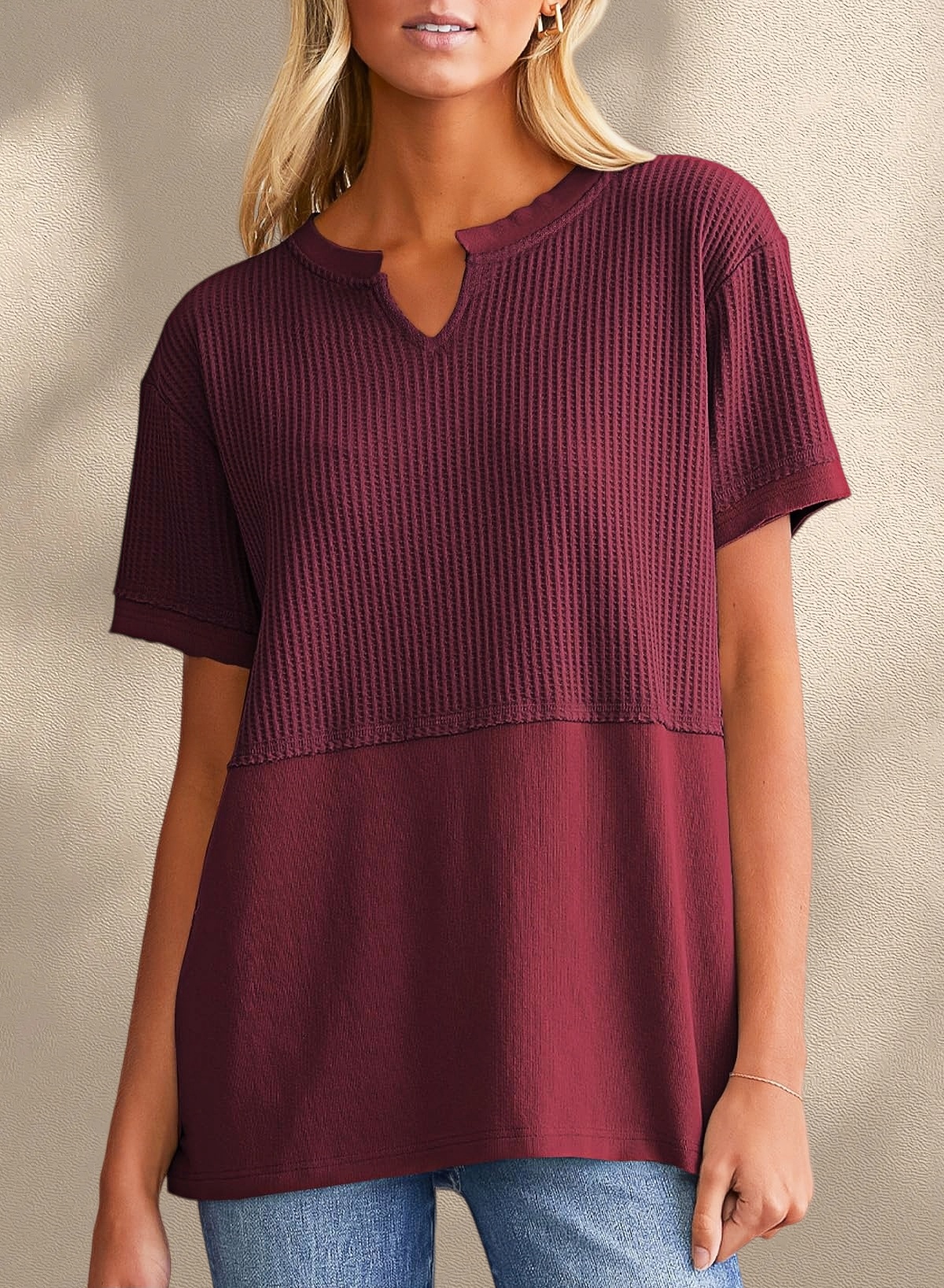 [Copy]New Arrivals🔥Women's V-neck Short-Sleeve Casual Loose Waffle Knit Top