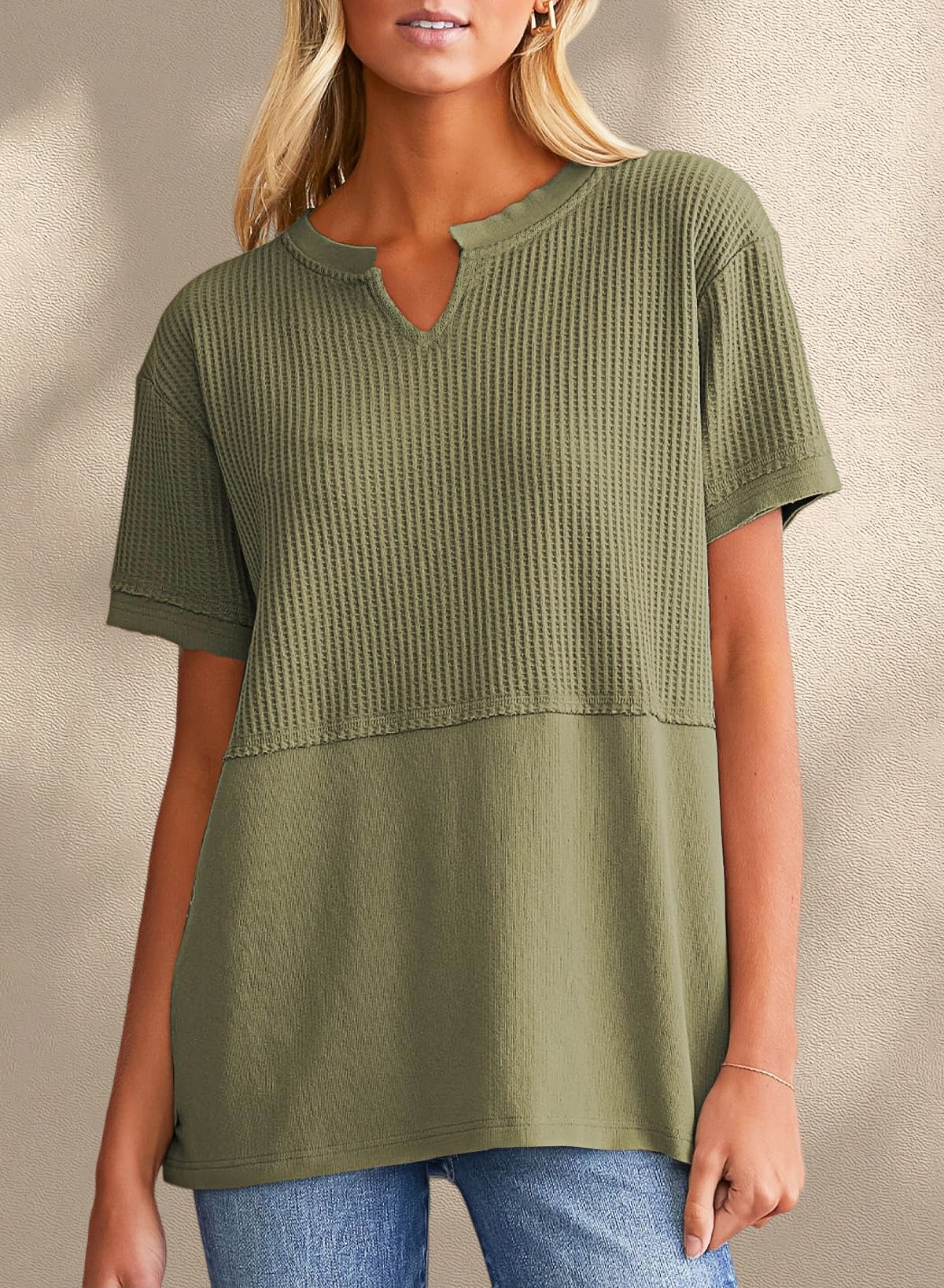 [Copy]New Arrivals🔥Women's V-neck Short-Sleeve Casual Loose Waffle Knit Top