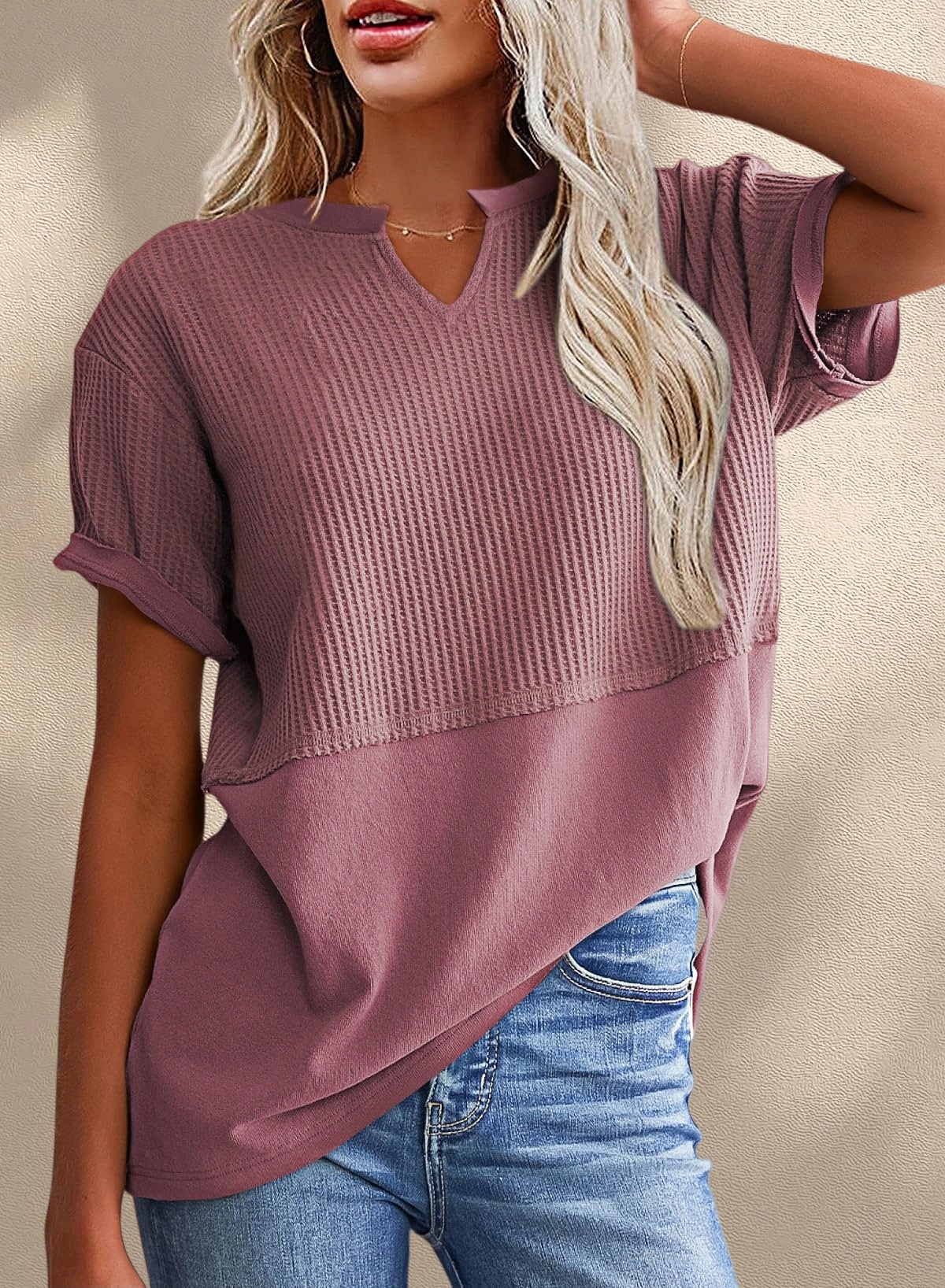[Copy]New Arrivals🔥Women's V-neck Short-Sleeve Casual Loose Waffle Knit Top