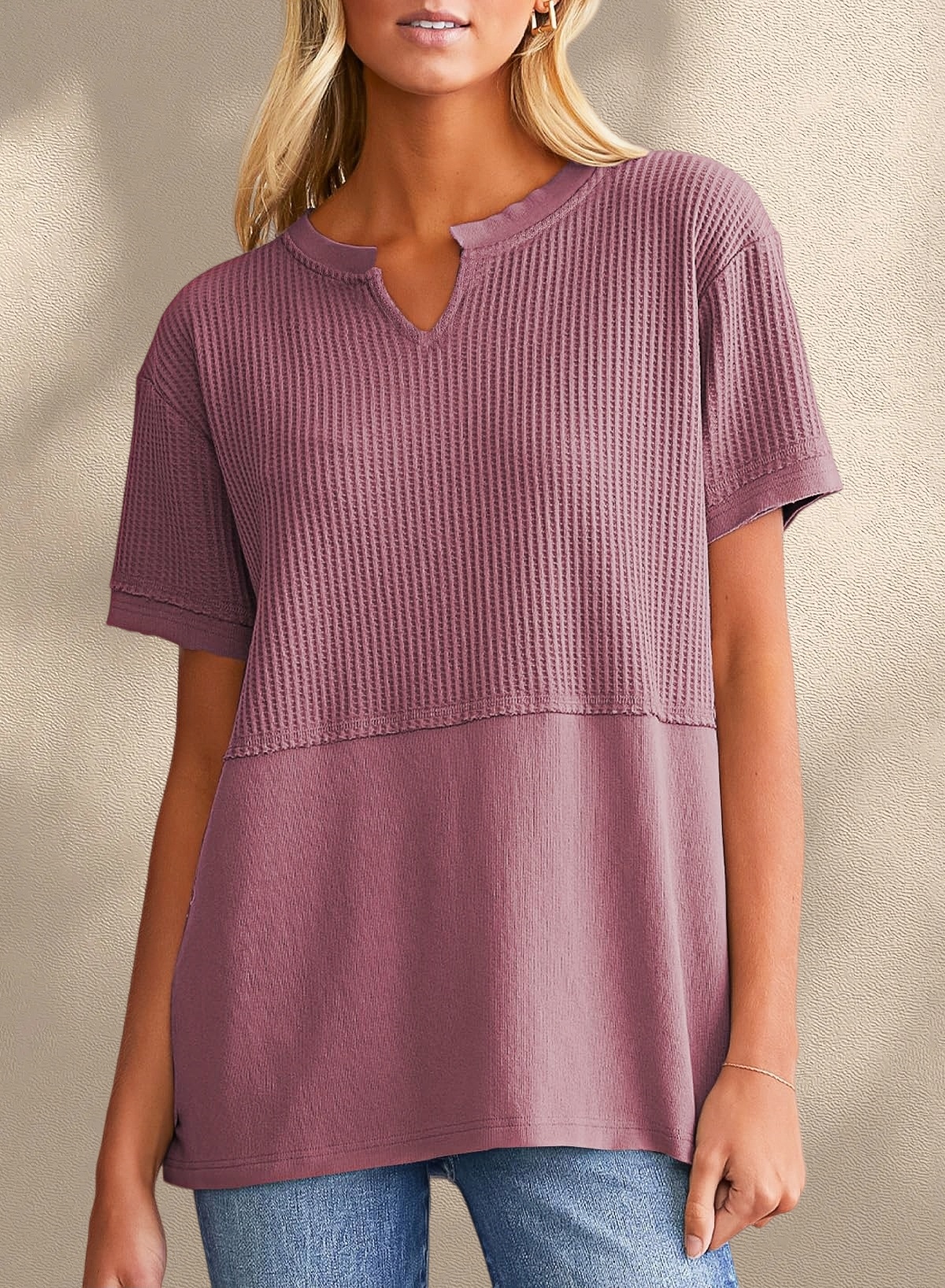 [Copy]New Arrivals🔥Women's V-neck Short-Sleeve Casual Loose Waffle Knit Top