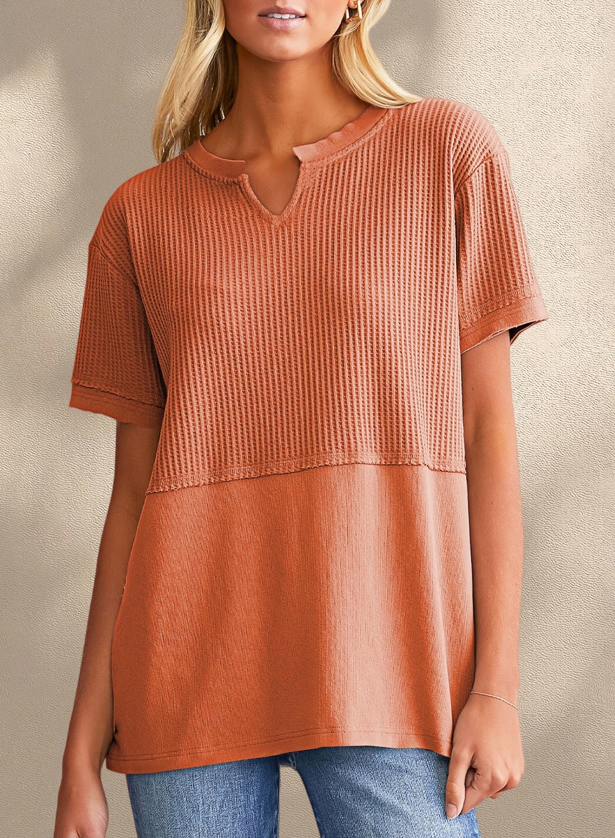 [Copy]New Arrivals🔥Women's V-neck Short-Sleeve Casual Loose Waffle Knit Top