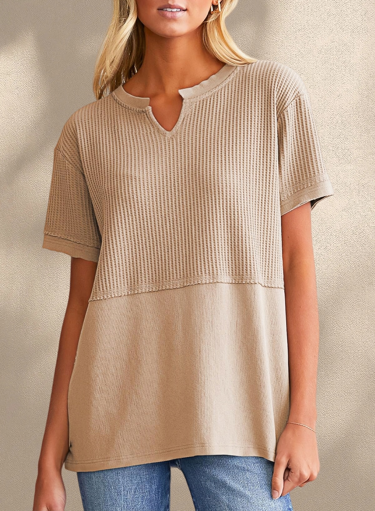 [Copy]New Arrivals🔥Women's V-neck Short-Sleeve Casual Loose Waffle Knit Top