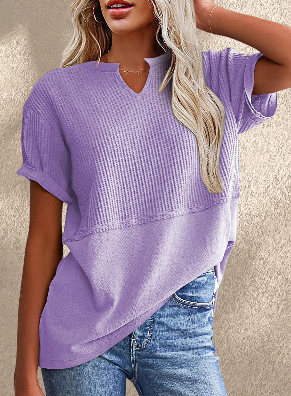 [Copy]New Arrivals🔥Women's V-neck Short-Sleeve Casual Loose Waffle Knit Top