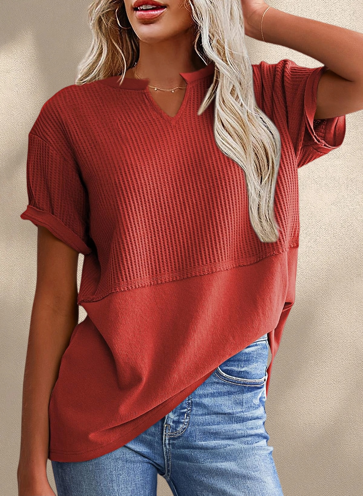[Copy]New Arrivals🔥Women's V-neck Short-Sleeve Casual Loose Waffle Knit Top