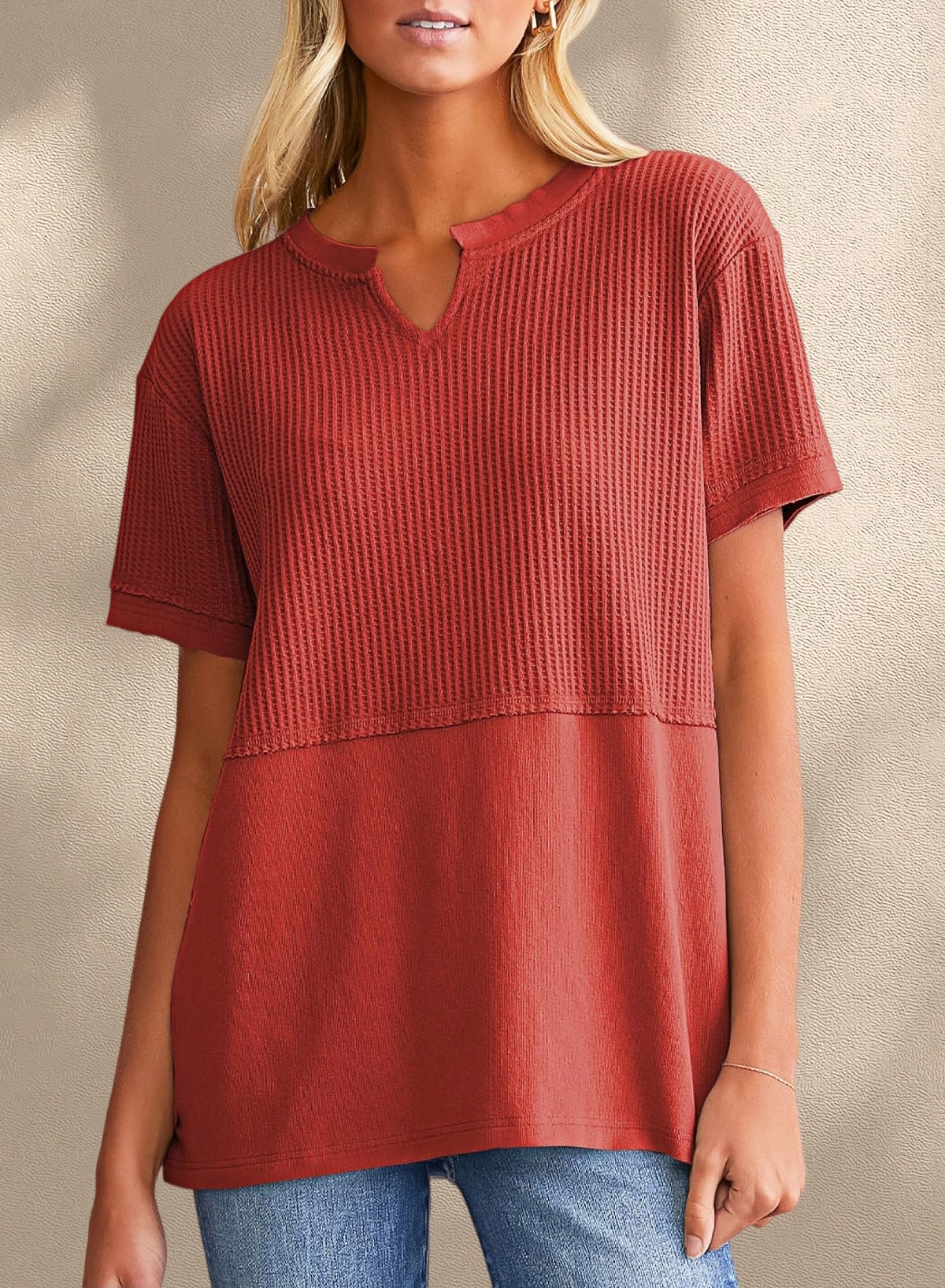 [Copy]New Arrivals🔥Women's V-neck Short-Sleeve Casual Loose Waffle Knit Top