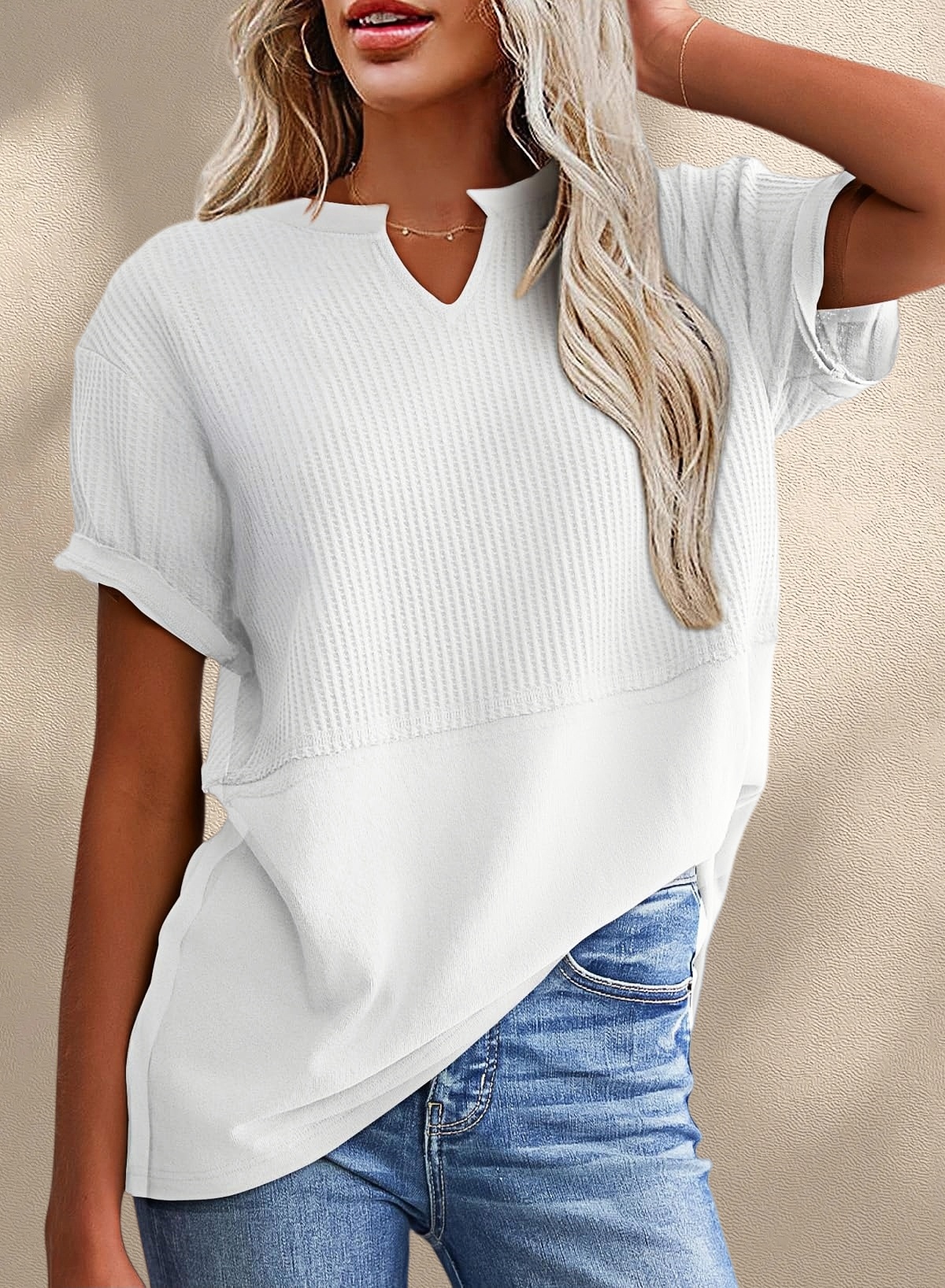 [Copy]New Arrivals🔥Women's V-neck Short-Sleeve Casual Loose Waffle Knit Top